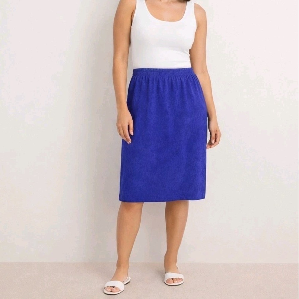 Leslie Fay Blue Faux Suede Elastic Waist Versatile Straight Midi Skirt Size 10‎